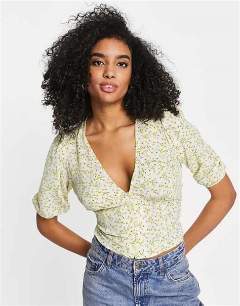 Asos Design Button Front Tea Blouse With Volume Sleeves And Tie Back