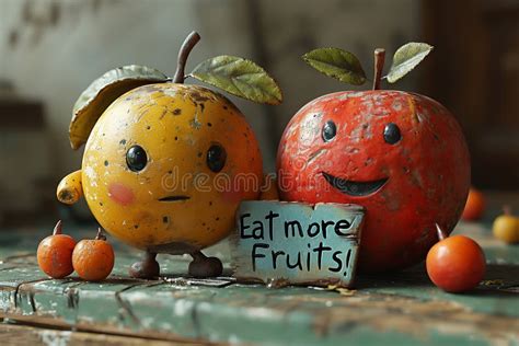 Funny Fruits Holding Sign with the Text - Eat More Fruits Stock ...