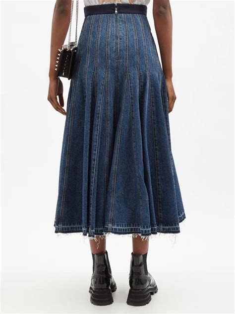 Blue High Rise Panelled Flared Denim Midi Skirt Alexander Mcqueen