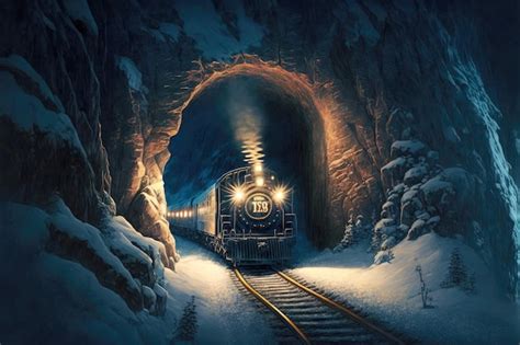 El tren expreso polar iluminado conduce a través de un estrecho túnel