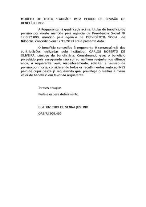 Modelo Pedido DE Revisão DE Benefício INSS - MODELO DE TEXTO “PADRÃO