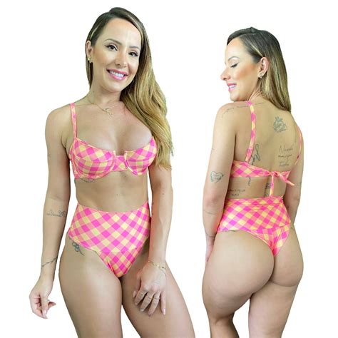 Biqu Ni Meia Ta A Retr Calcinha Hot Pants Faixa Xadrez Rosa E Amarelo