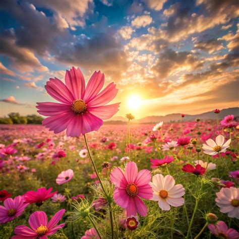 Paisagem Natureza Fundo De Belo Rosa E Vermelho Cosmos Campo De Flores