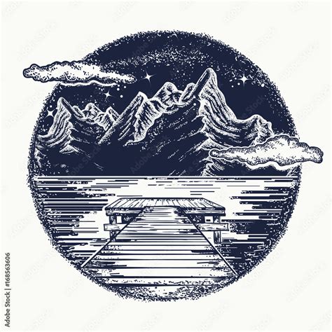 Mountains landscape tattoo and t-shirt design. Mystical symbol of ...