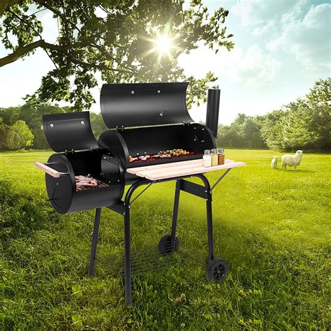 BBQ Charcoal Grill with Offset Smoker, Portable Barbeque Grill with 2 Wheels, Shelves and Wooden ...