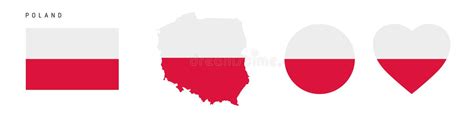 Poland Flag In Different Shapes Icon Set Flat Vector Illustration