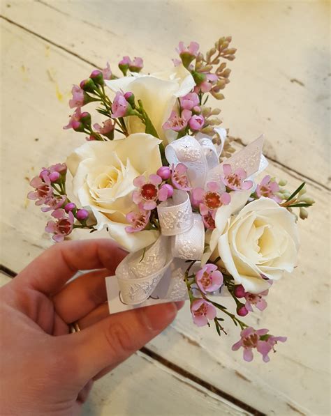 Beautiful White Roses And Pink Wax Flower Corsage Perfect For Prom Wedding And Showers