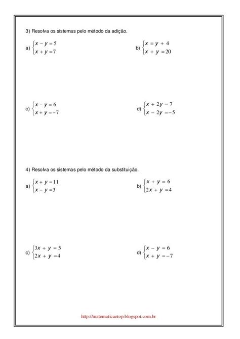 Lista de exercícios sistema de equações do 1 grau Sistemas de