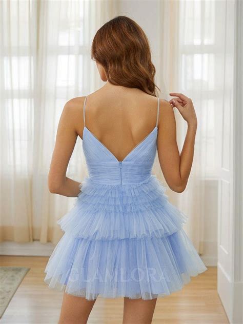 A Line Trendy Spaghetti Straps Tulle Short Mini Dress With Ruffles Glamlora