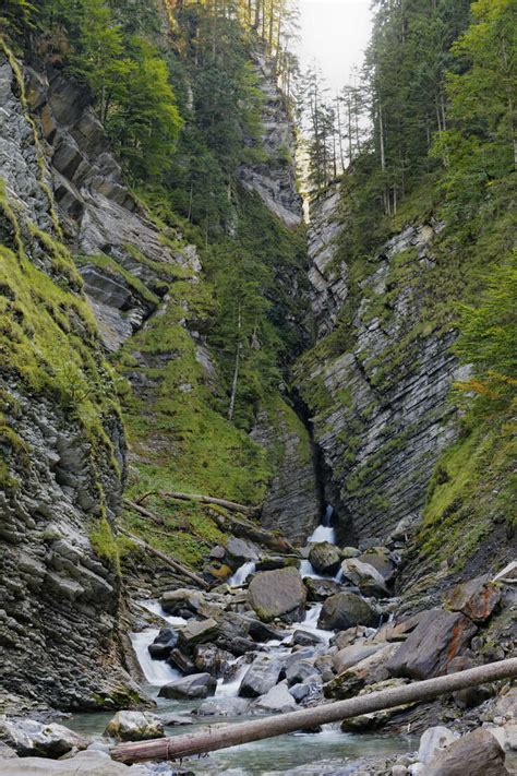 Austria Vorarlberg View Of Waterfall At Bregenz Forest Stockphoto