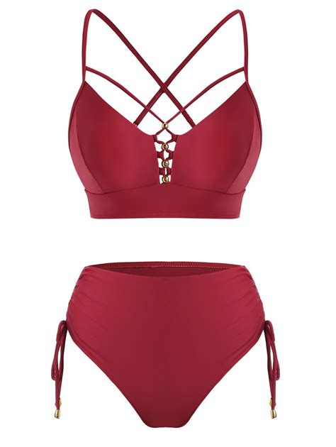 32 OFF 2021 Criss Cross Cinched High Waisted Bikini Swimwear In RED