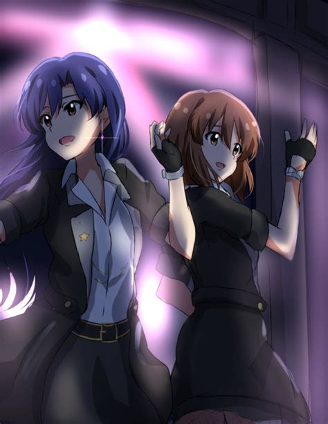 Safebooru 2girls Belt Black Gloves Blue Hair Brown Eyes Brown Hair