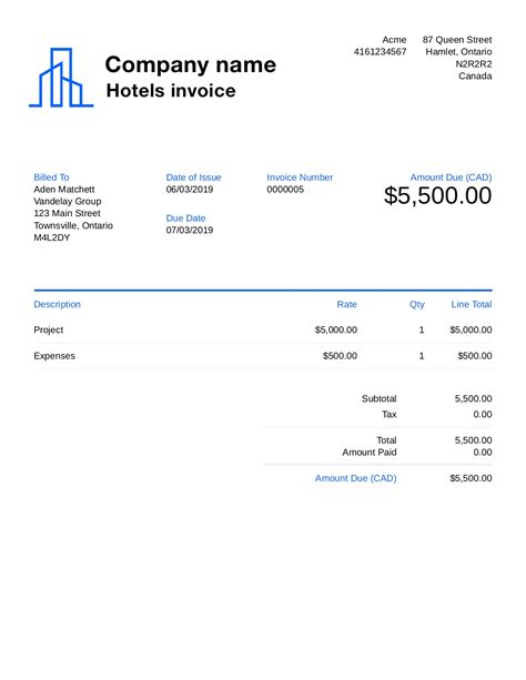 Free Hotel Invoice Template. Customize and Send in 90 Seconds