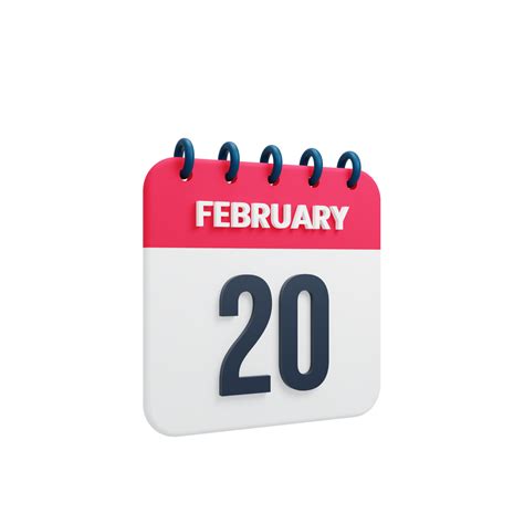 February Realistic Calendar Icon 3D Illustration Date February 20