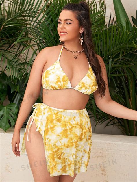 SHEIN Swim Curve 3 paquetes Conjunto de bikini triángulo teñido anudado y falda de playa talla