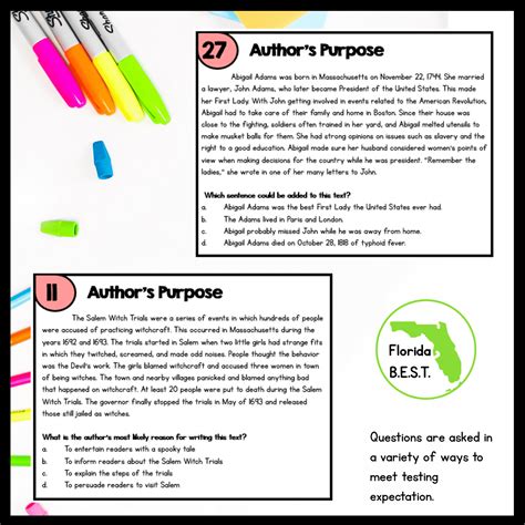 Author S Purpose Task Cards Th Grade Florida Best Ela R