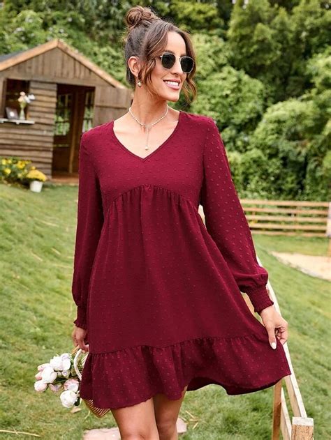 Swiss Dot Lantern Sleeve Ruffle Hem Dress Shein Asia