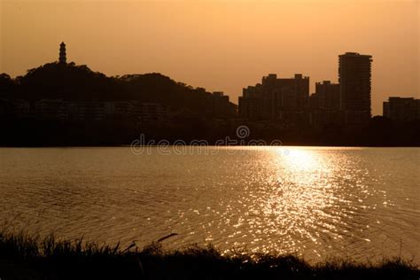 The Setting Sun Shines on the Lake. Stock Image - Image of scenery ...