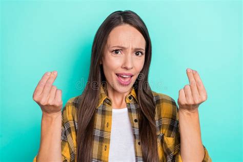 Photo Of Grumpy Mature Brunette Lady Ask Salary Wear Plaid Shirt Isolated On Teal Color
