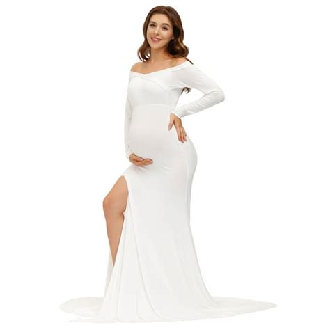 Justvh Maternity Photoshoot Dress Off Shoulder Long Sleeve Side Slit