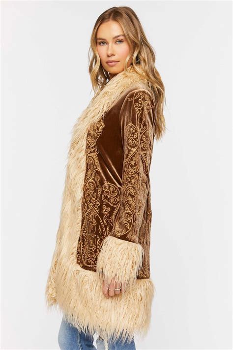 Faux Fur Trim Embroidered Coat