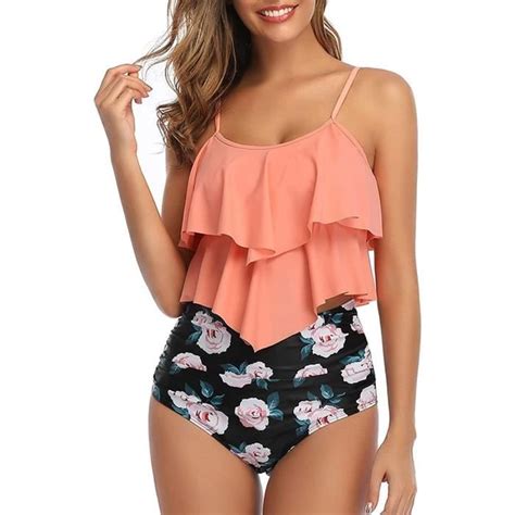 Maillot de Bain Femme Bikini à 2 Pièces Volants Taille Haute Fleur Rose Cdiscount