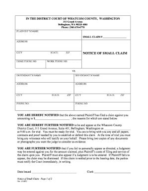 Fillable Online Whatcomcounty Notice Of Small Claim Whatcom County