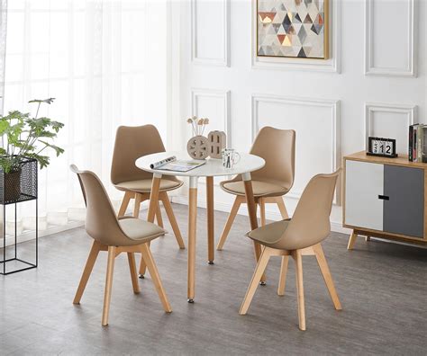 Table Blanche Ronde 4 Chaises Scandinaves Beiges Ensemble Pour