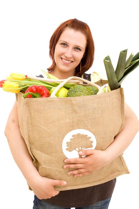 Woman Holding Shopping Paper Bag With Organic Or Bio Vegetables And