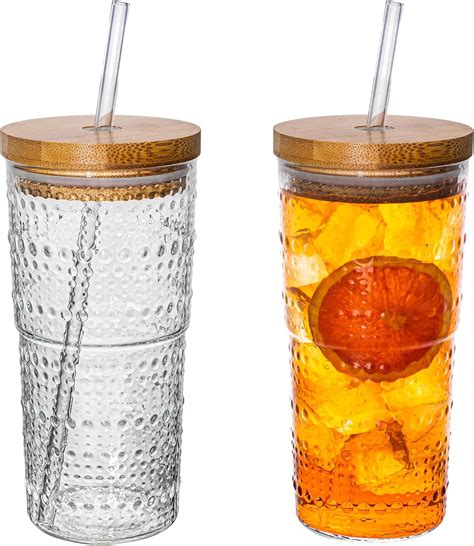 Dingerjar Hobnail Glass Tumbler With Bamboo Lids And