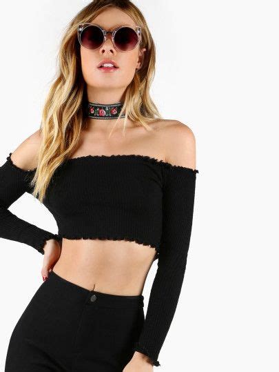 Rib Knit Lettuce Edge Crop Bardot Topfor Women Romwe Crop Top Casual Bardot Top Black Crop Tops