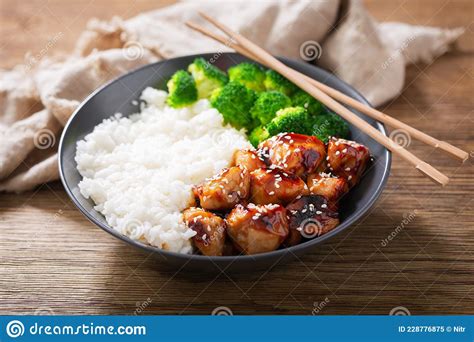 Plate Of Teriyaki Chicken Broccoli And Rice Stock Image Image Of