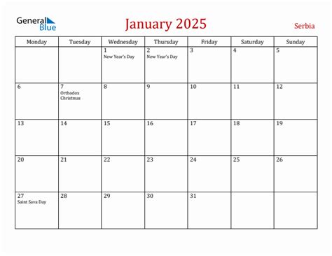 January 2025 - Serbia Monthly Calendar with Holidays
