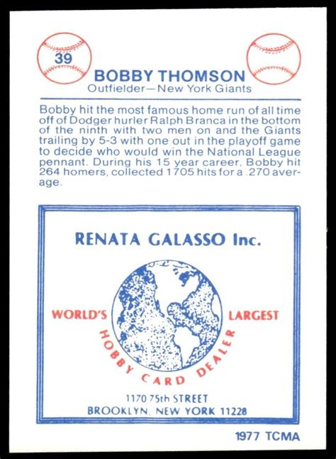 1977 TCMA Galasso Glossy Greats Bobby Thomson New York Giants 39 EBay