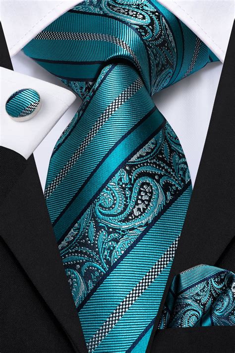 Hi Tie Mens Teal Paisley Ties Set For Wedding Silk Necktie With Pocket Square And Cufflinks Set