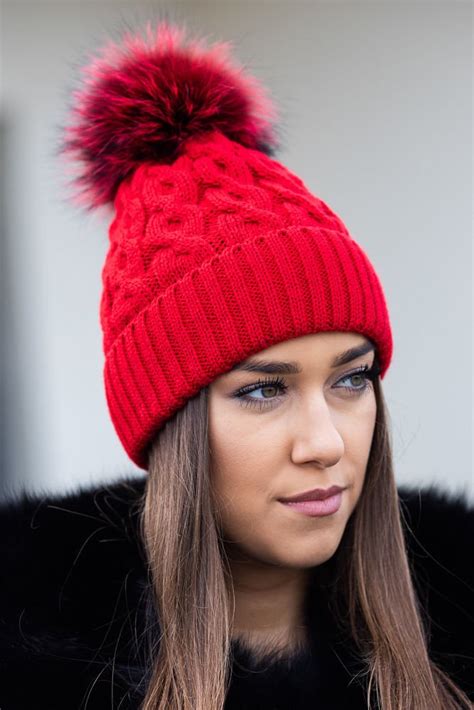 WOOL BEANIE HAT WITH GENUINE FOX FUR POM POM WOMEN HATS AND SCARFS