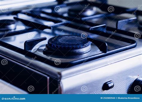 Kitchen Gas Hob Stove Cook With Blue Flames Burning Stock Photo