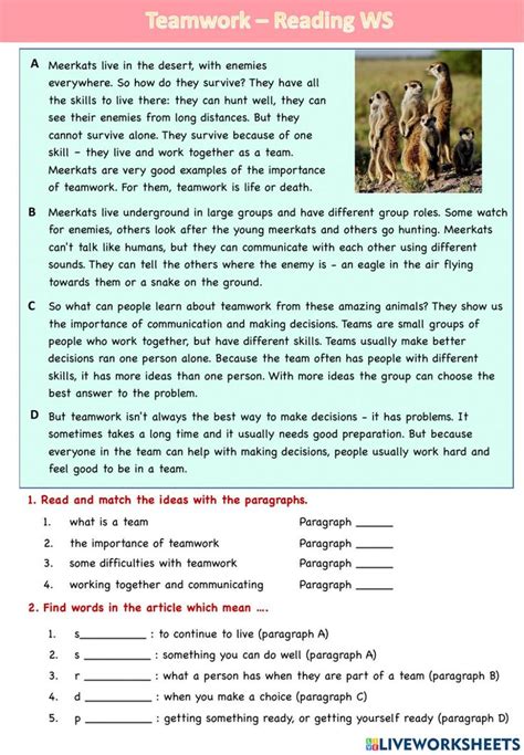 Teamwork Reading Worksheet Reading Comprehension Worksheets Reading