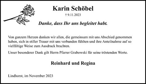 Traueranzeigen von Karin Schöbel trauer anzeigen de