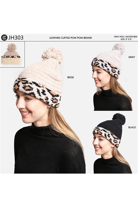 Leopard Cuffed Pom Pom Lining Beanie Jh303 Hana Wholesale