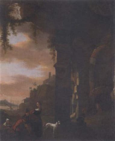 An Italianate Landscape With Figures By A Ruined Arch A Harbour Beyond