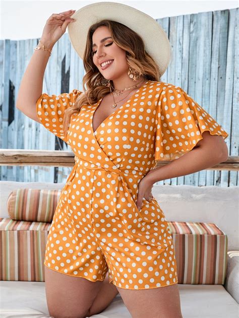 Plus Polka Dot Flutter Sleeve Overlap Collar Romper Rompers Plus