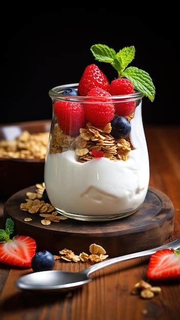 Premium Photo Greek Yoghurt With Fresh Berries And Granola In A Glass