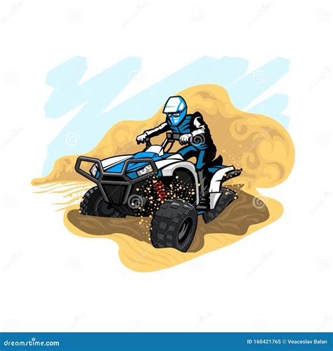 Atv Quad In Dust Cloud With Desert On Background Biker Rider In Action