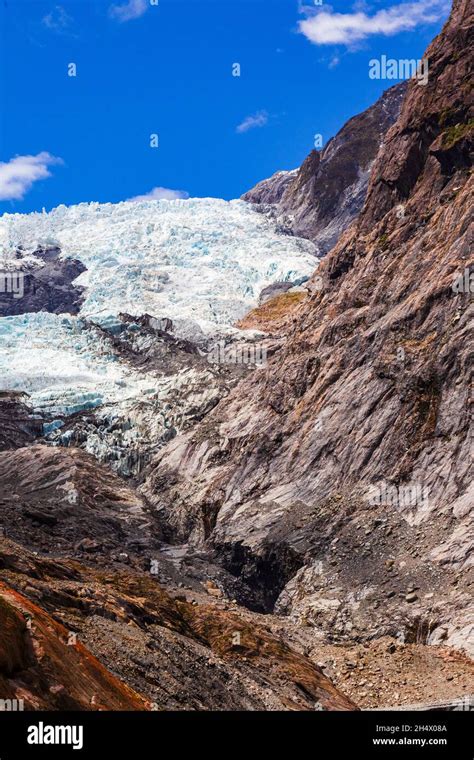 Rocks And Ice Landscape Of Franz Joseph Glacier In New Zealand Stock