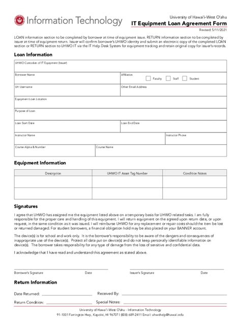 Fillable Online Westoahu Hawaii UHWO IT Equipment Loan Agreement Form