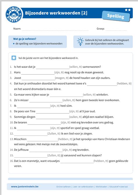 Oefenbladen Werkwoorden Tegenwoordige Tijd Bijzondere Werkwoorden