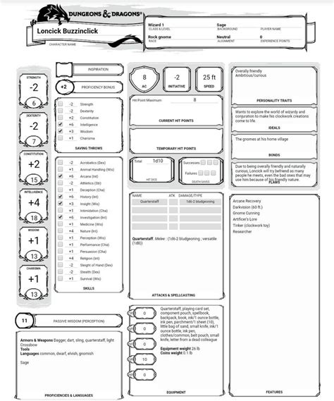 First Dandd Character Sheet For My Gnome Wizard Dungeons And Dragons Dandd