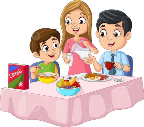 gambar kartun keluarga bahagia  sarapan  atas meja makanan