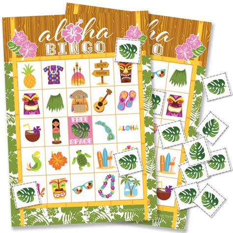 Hawaiian Luau Party Bingo Game Players Tropical Tiki Luau